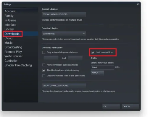 Steam Settings > Downloads