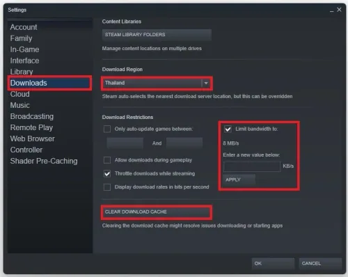 In the Downloads section, make sure to change your Download Region to a server wh…
