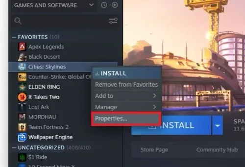 Steam library > Game Properties
