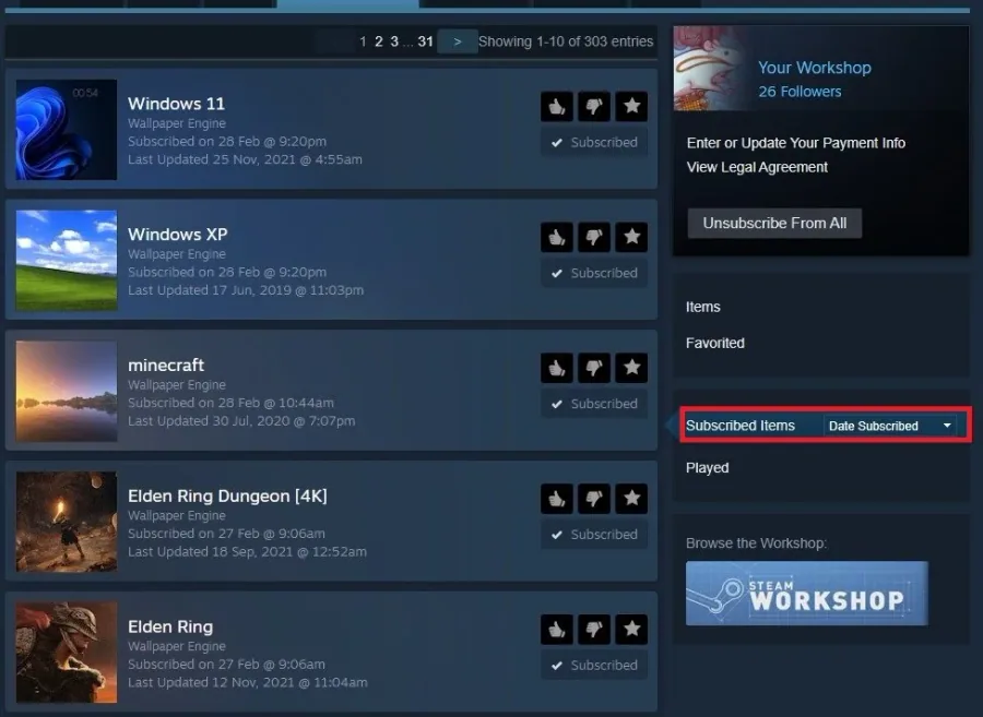 This will show you the last workshop items you subscribed to, and you can unsubsc…