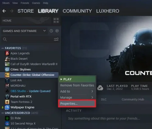 Steam Library > Game Properties