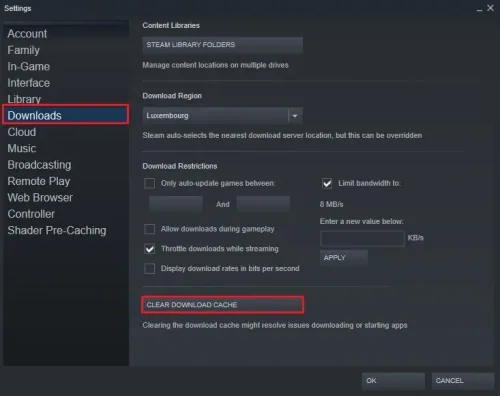 Steam Settings > Downloads > Clear Download Cache