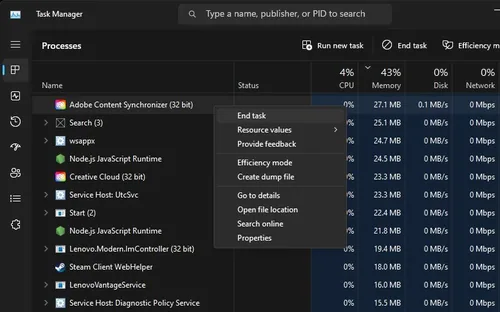 Task Manager > Processes > End task