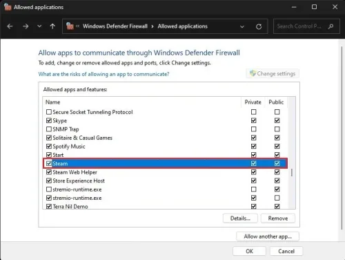 Windows Defender Firewall > Allowed applications
