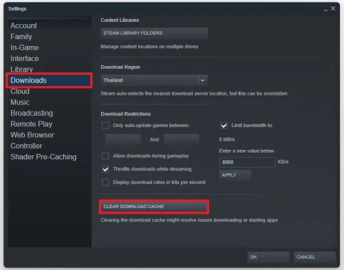 Steam Settings > Download > Clear download cache