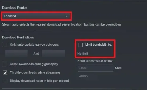 Steam Download Settings > Download Region