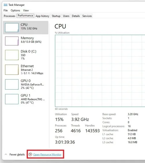 Task Manager > Performance > Open Resource Monitor