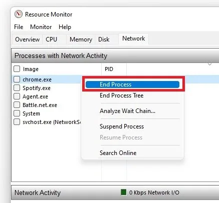 Resource Monitor > Network > Processes with Network Activity