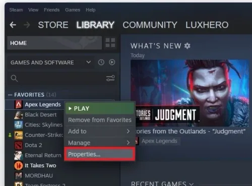 Steam library > Right-click Game > Properties