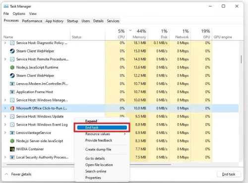 Task Manager > Processes > End Task