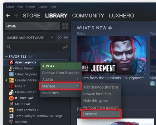 Steam Library > Right-Click Game > Manage > Uninstall