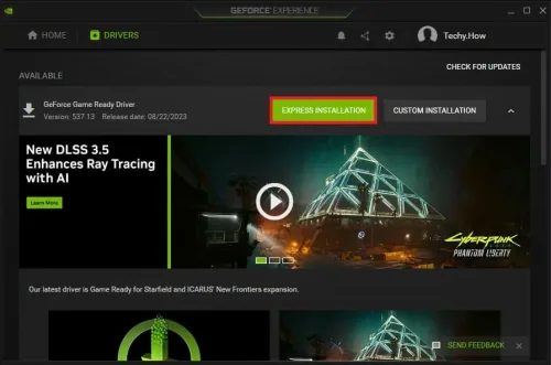 GeForce Experience > Drivers > Update Driver > Express Installation