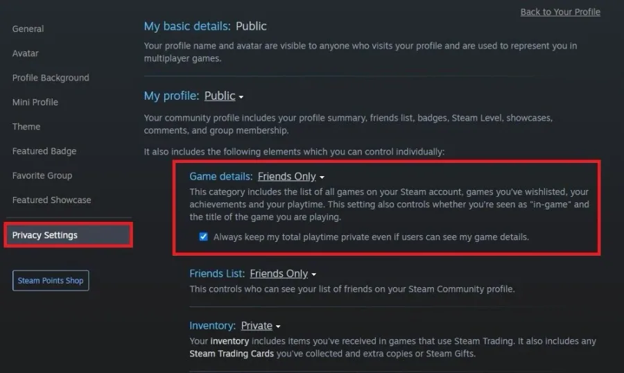 Steam Settings > Privacy Settings > Game Details