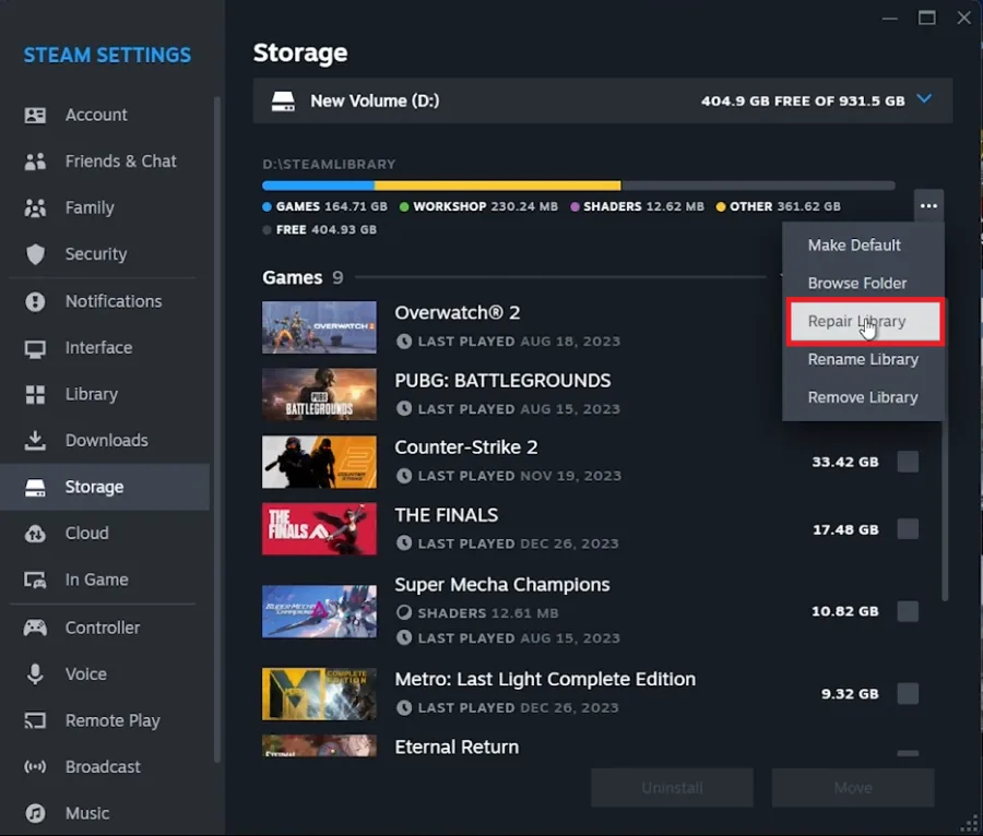 steam storage settings