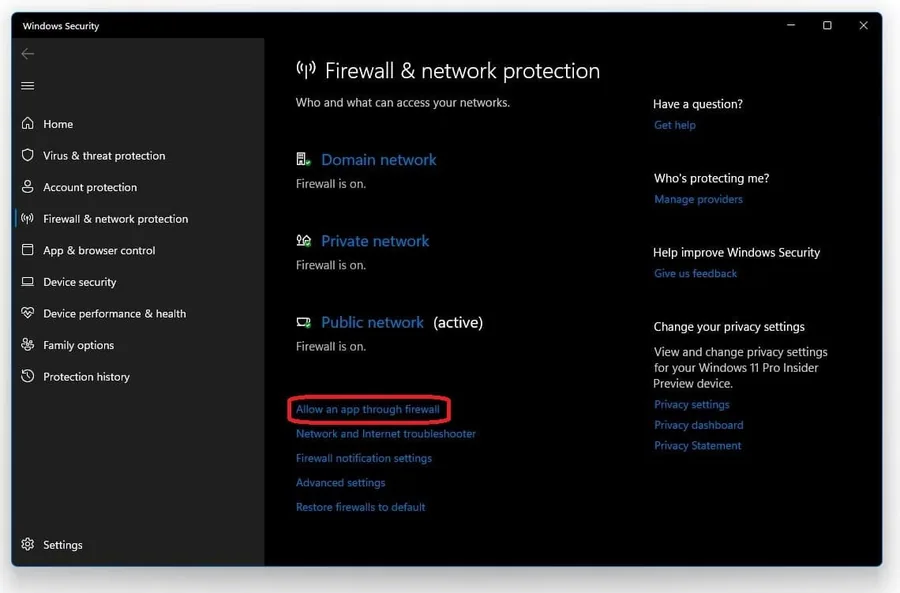 Firewall & Network Protection > Allow an app through firewall