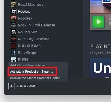 Steam Library > Activate a Product on Steam