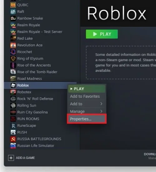 Steam Library > New Game > Properties