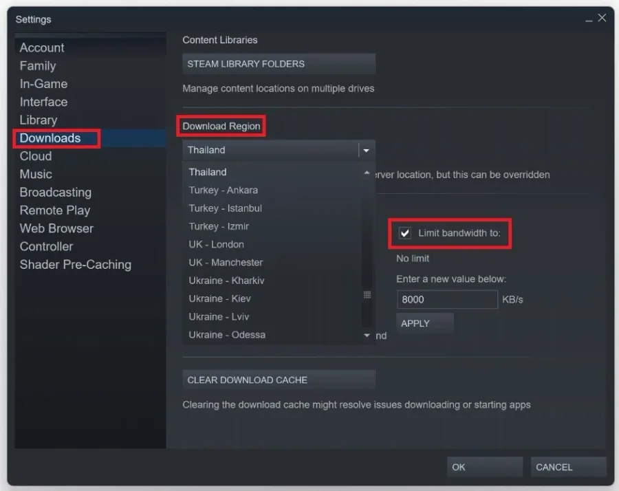 Steam Settings > Downloads > Download Region