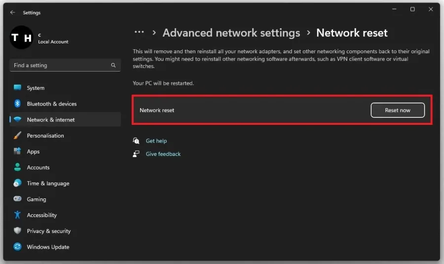 Advanced Network Settings > Network reset