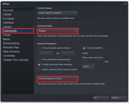 Steam Settings > Downloads > Clear Download Cache
