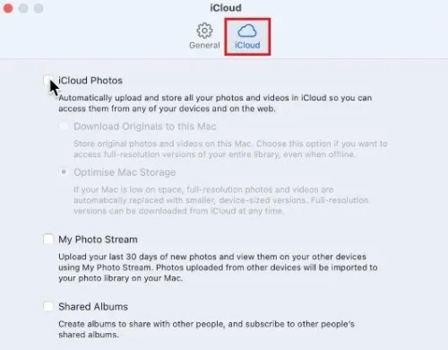 On this window, navigate to the iCloud section and make sure that iCloud Photos i…