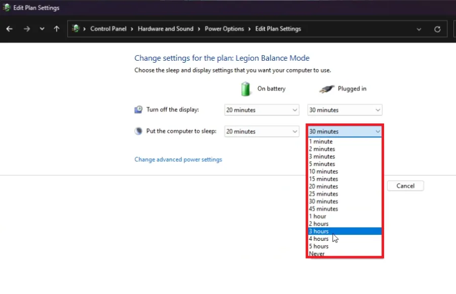 control panel power plan settings