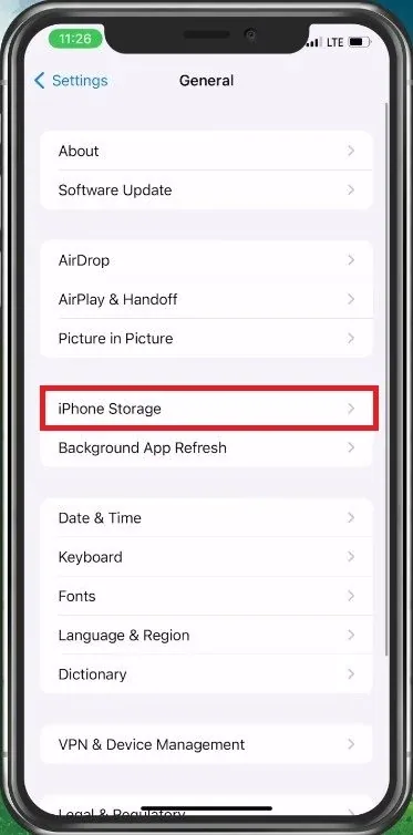 iPhone Settings > General > iPhone Storage