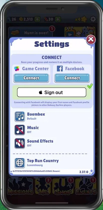 Connect Subway Surfers to Game Center or Facebook