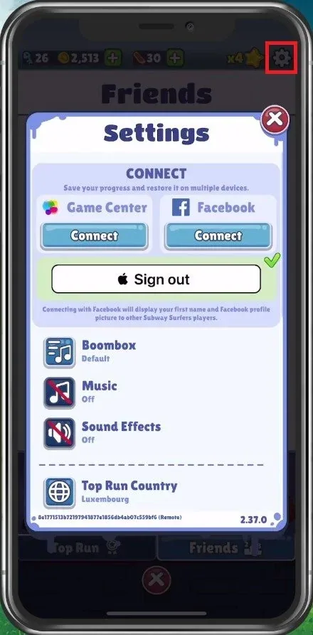 Subway Surfers Settings > Connect