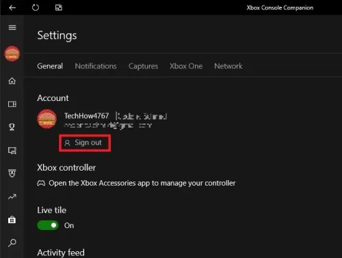 Xbox Console Companion > Settings > Sign Out