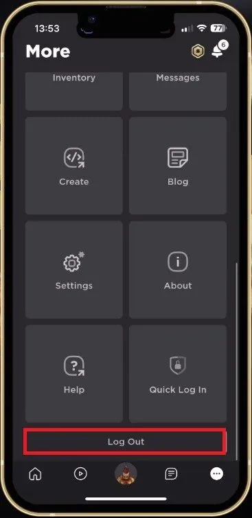 Roblox Mobile > More > Log Out