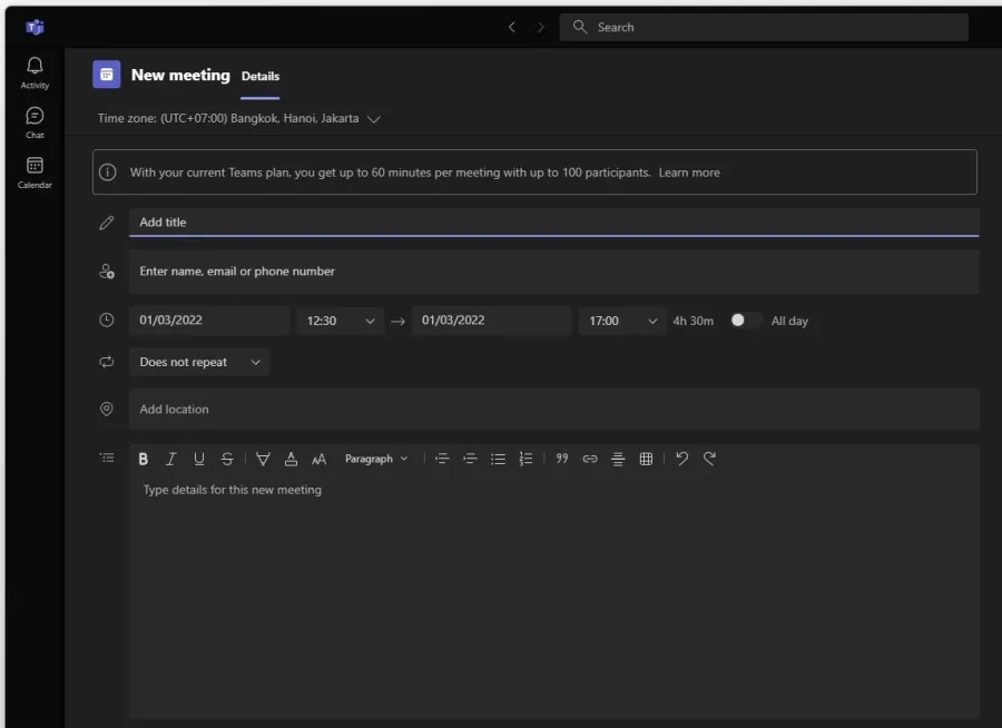 Microsoft Teams New Meeting