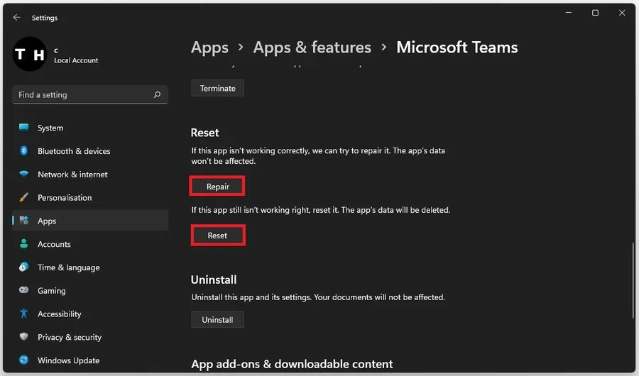 Microsoft Teams Properties > Repair > Reset