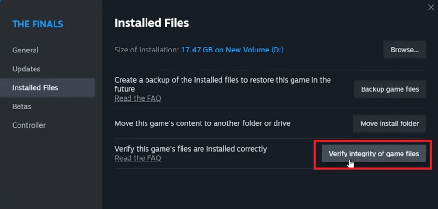 verify integrity of the finals game files