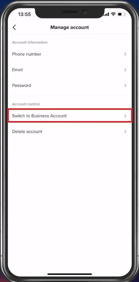 Manage Account > Switch to Business Account