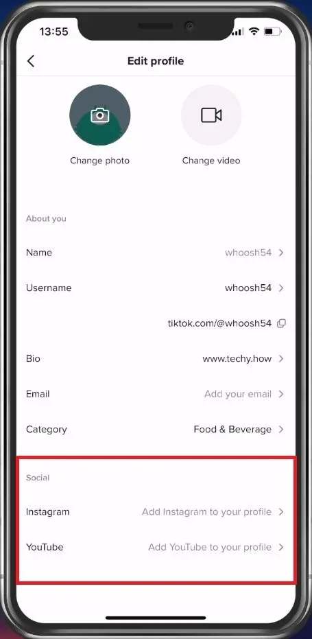 Add Instagram or YouTube account to TikTok Profile
