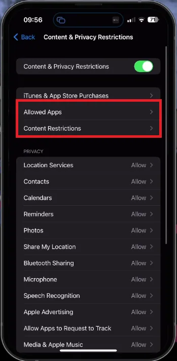 allowed apps and content restrictions