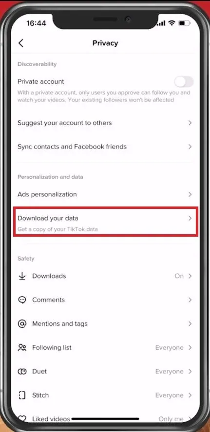 TikTok Settings > Privacy > Download your data