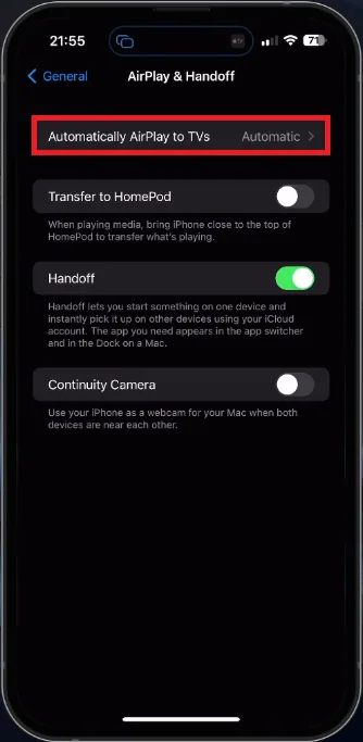 airplay and handoff settings