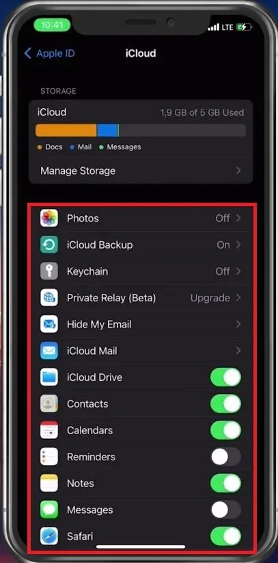 iPhone Settings > Apple ID > iCloud