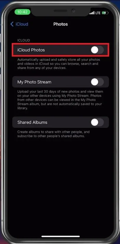 iCloud Settings > Photos > iCloud Photos