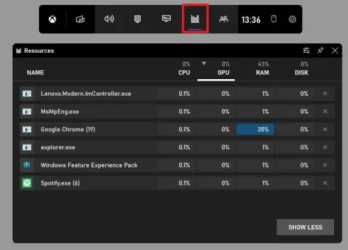 Xbox Game Bar > Resources Widget