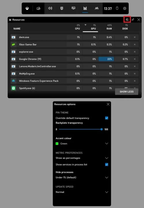 Resources Widget > Resources Options
