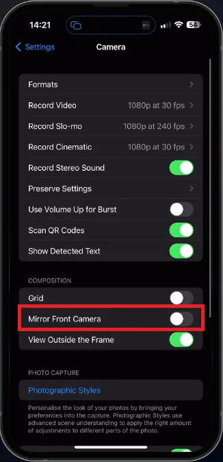 iphone disable the Mirror Front Camera option