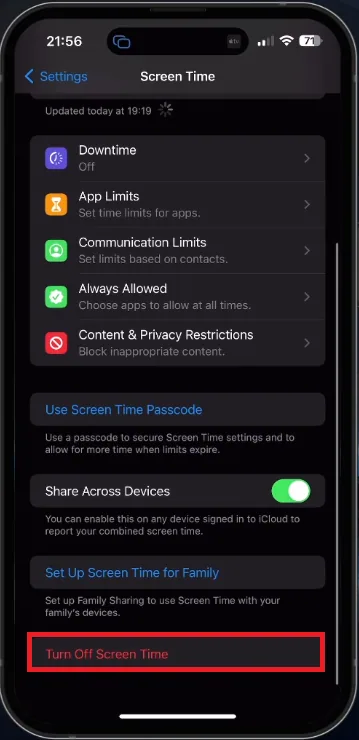 disable screen time on iphone