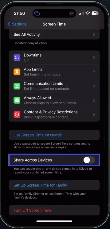 disable the "share across devices" option
