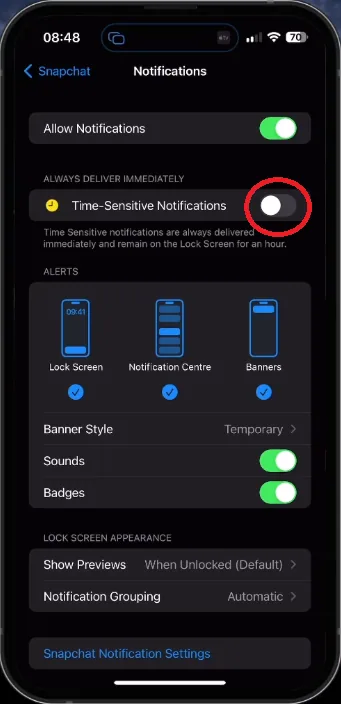 disable time sensitive notifications
