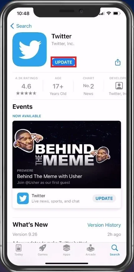 App Store > Twitter > Update