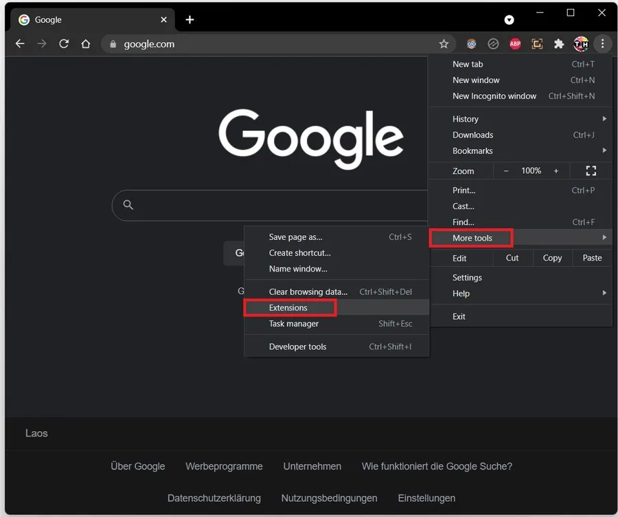 Google Chrome > More Tools > Extensions
