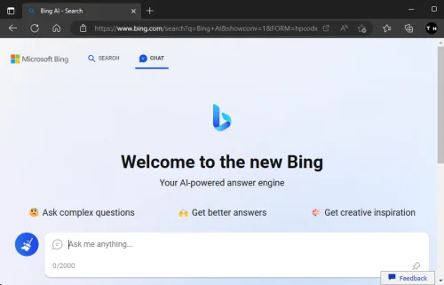 bing chat welcome page